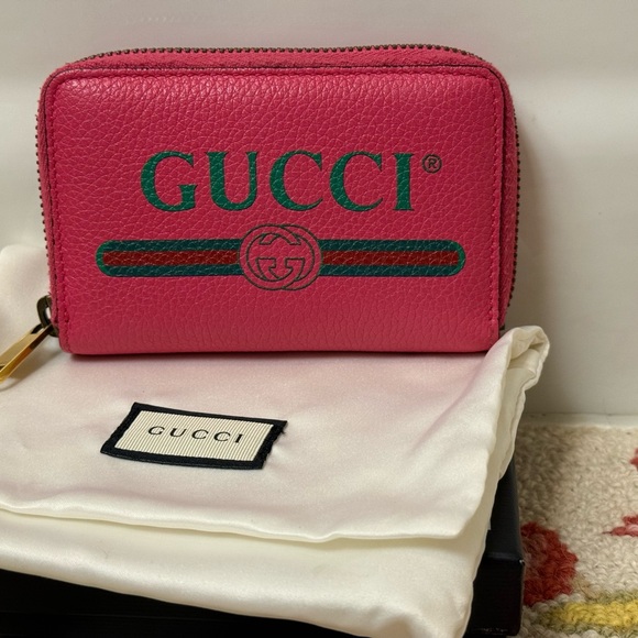 GUCCI Logo Wallet Coin Compartment Zip Around Leather Coin Purse- Pink - Picture 3 of 15